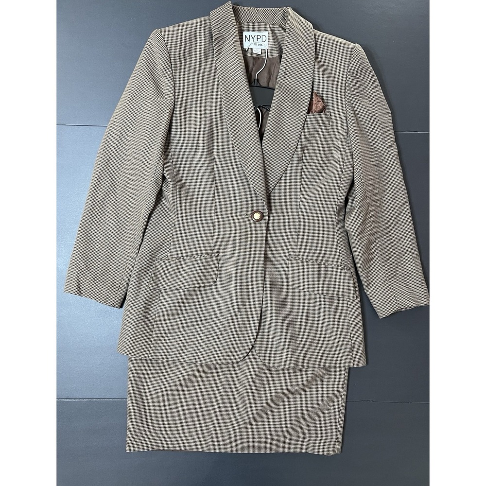 Vintage NYPD Direct Skirt Suit 2pc Women's 8‎ Brown Houndstooth Business Formal
